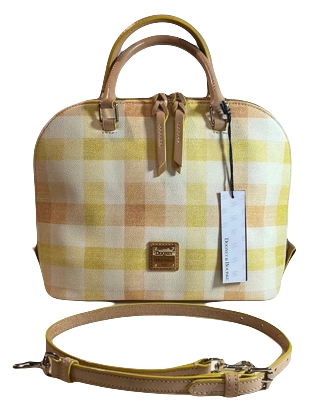NWT Dooney & Bourke Quadretto Gingham Zip Satchel Yellow Orange Crossbody Bag
